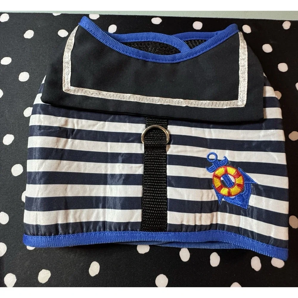 Navy Blue and White Striped Nautical SMALL Dog Outfit Leash Reflective Snaps XL